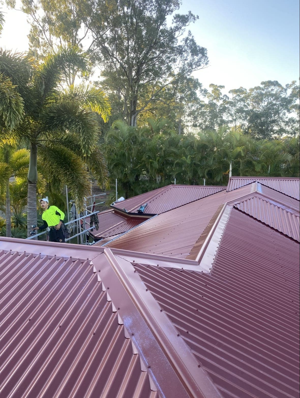 Roofer in hi-vis finishing a new red Colorbond roof among palm trees